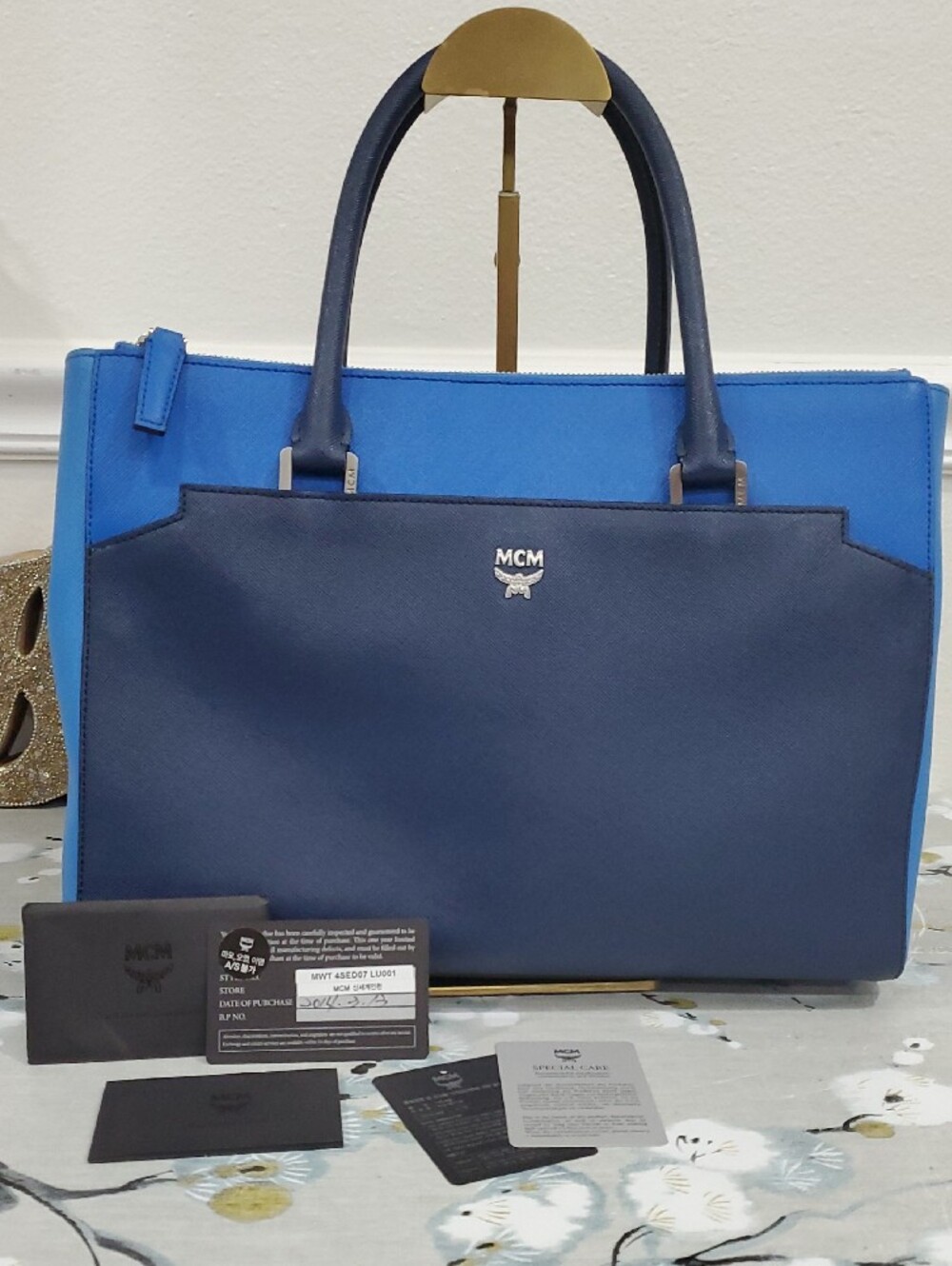 MCM Elda Blue Saffiano Leather Large Tote Bag